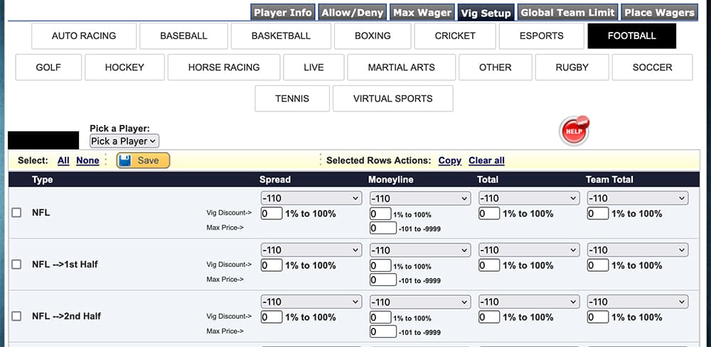 The "vig setup" screen.