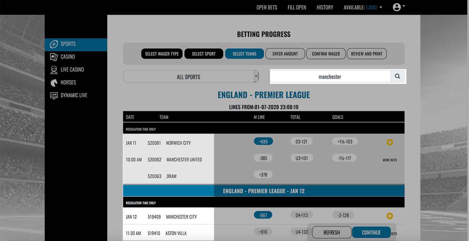 Search tool function in Realbookies.com sportsbook