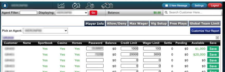 Setting weekly credit and max wager limits from the customer admin screen at pphsportsbook.net