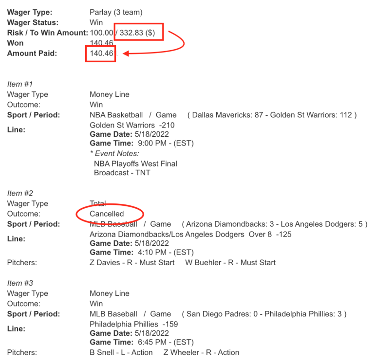 Push in a parlay, over/under push parlay, and bookie risk control