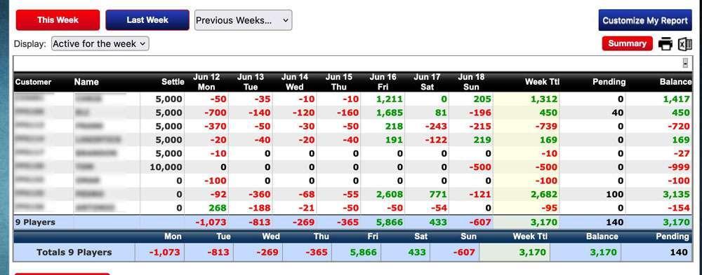 weekly balances screen on given sports betting week (payperhead software) 1